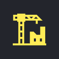 Yellow construction crane and building icon.
