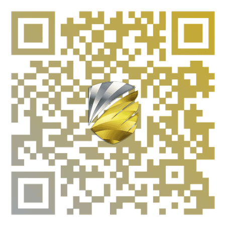 Gold and silver QR code with logo.