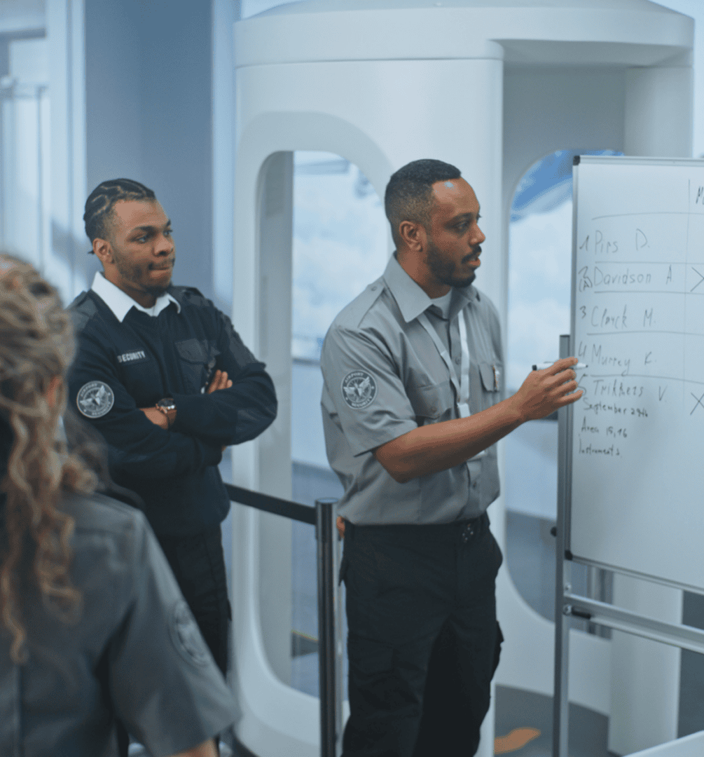 Security team discussing at whiteboard meeting.