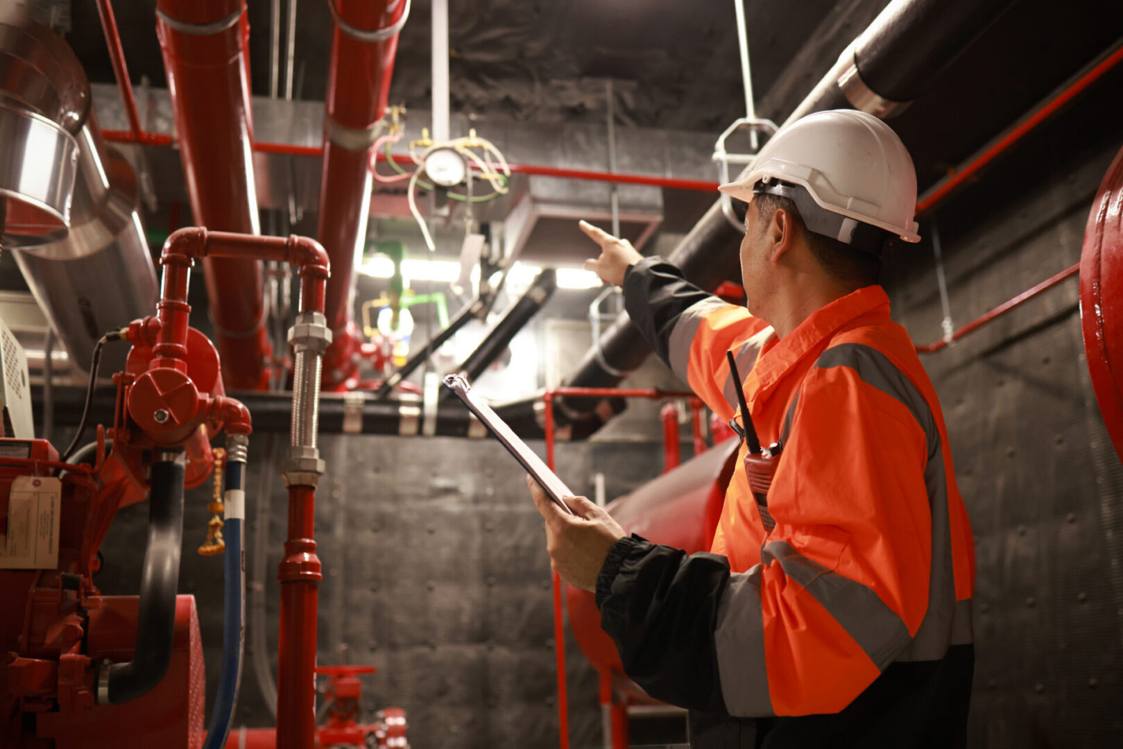 Technician pointing at factory pipework