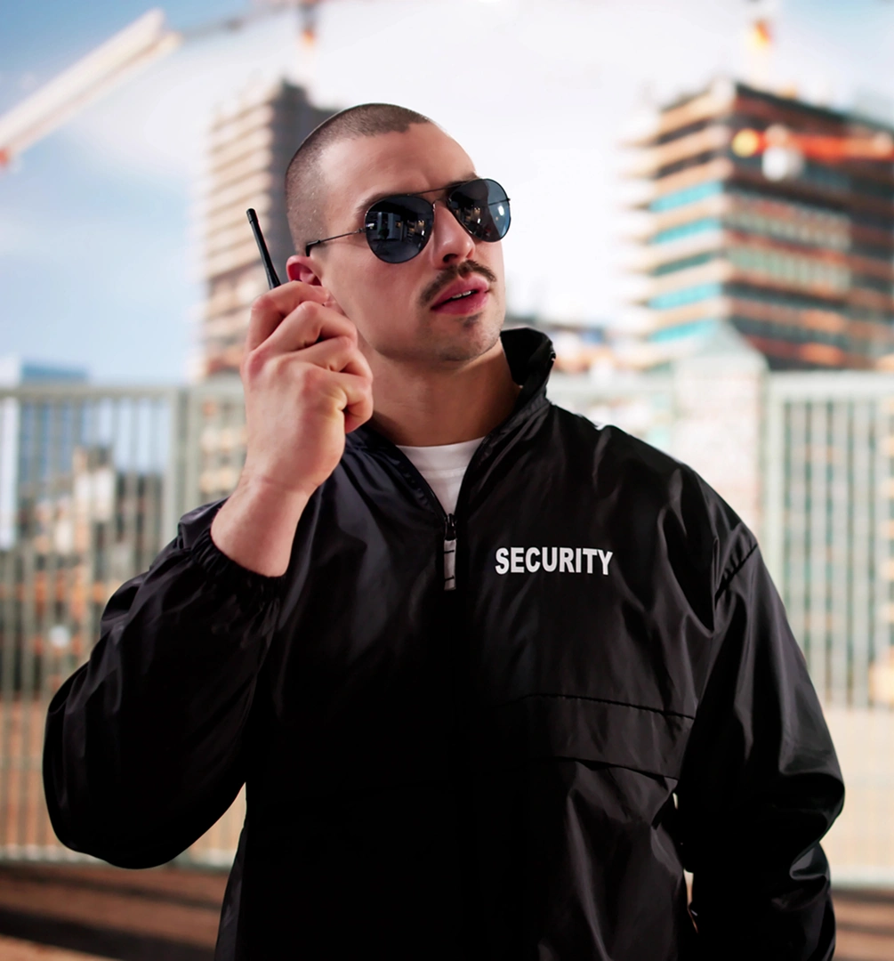 Guard in black jacket outside a building
