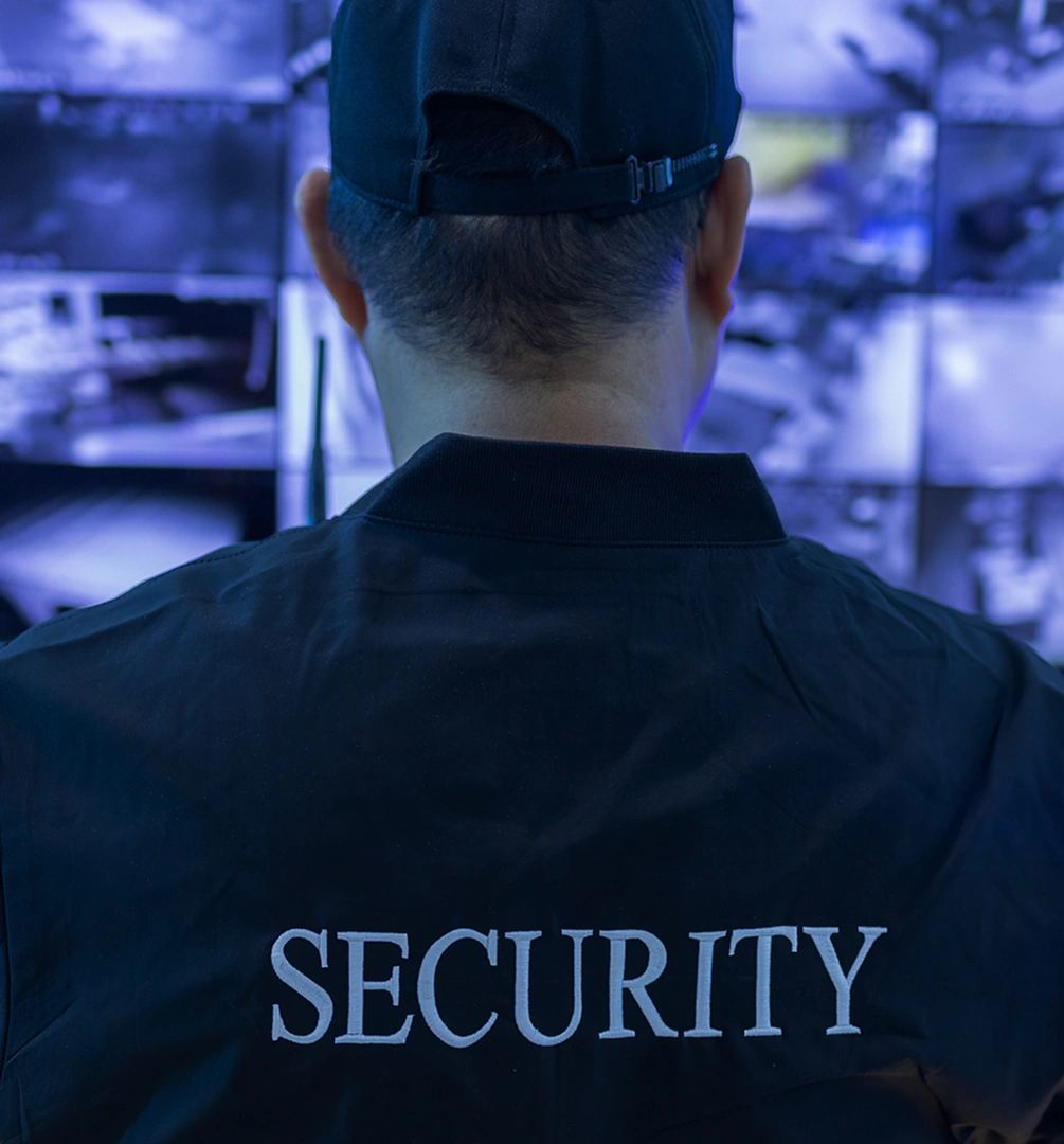 Security guard monitoring surveillance screens