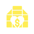 Yellow house icon with heart and dollar.