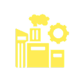 Yellow industrial icon with gears and buildings.