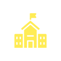 Yellow school building icon on black background.