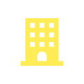 Yellow building icon on black background.