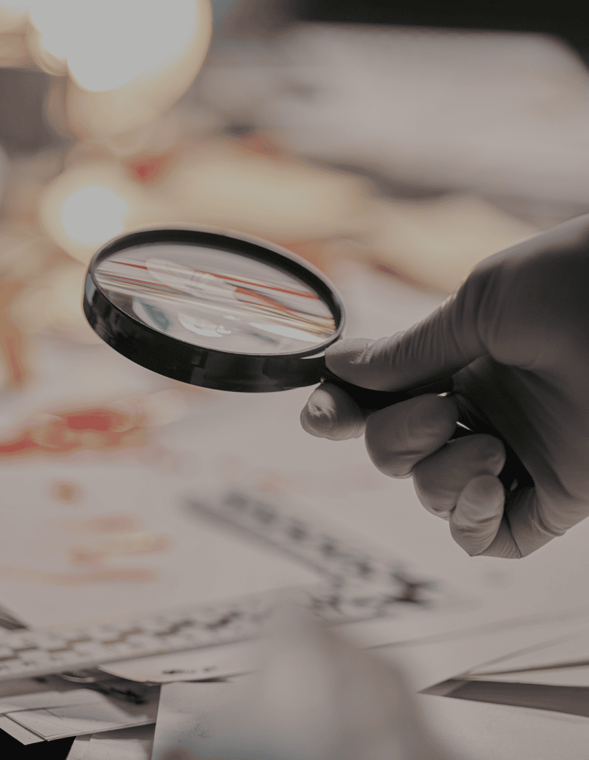 Hand holding magnifying glass over documents.