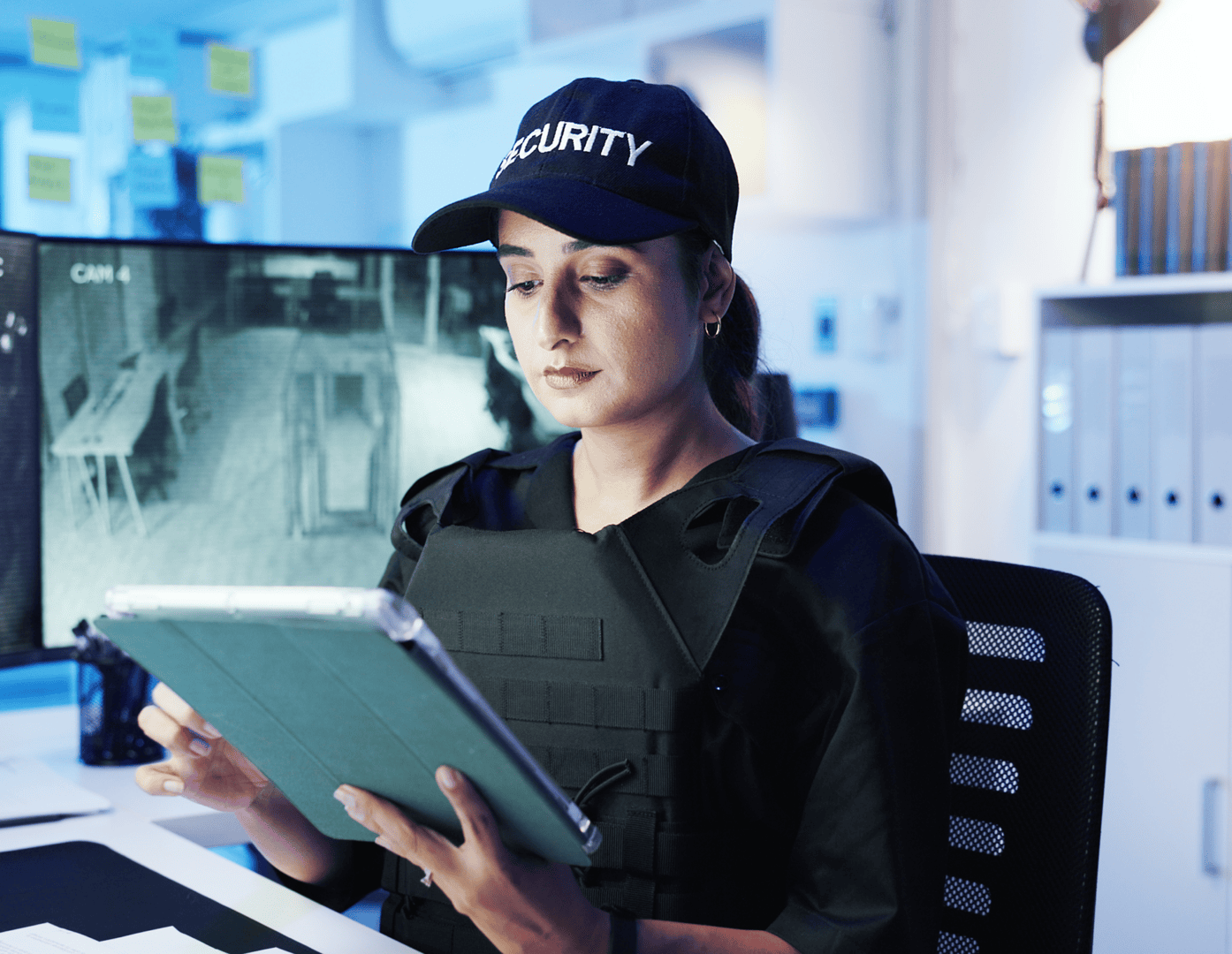 Security guard monitoring on tablet and screens.